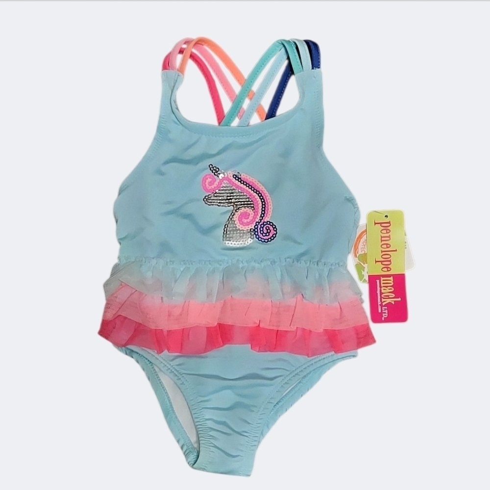 Penelope Mack Unicorn One Piece Ruffled Swimsuit - Blue and Pink Sz 18M